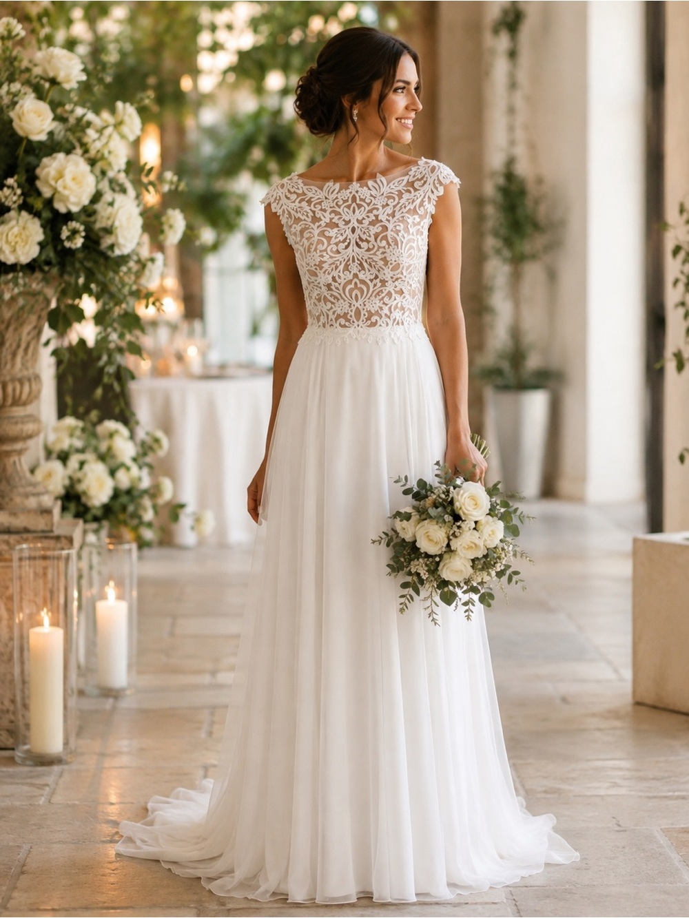 LILLIAN WEST Elegant Ivory Lace Overlay Nude Bodice Chiffon Wedding Dress 10